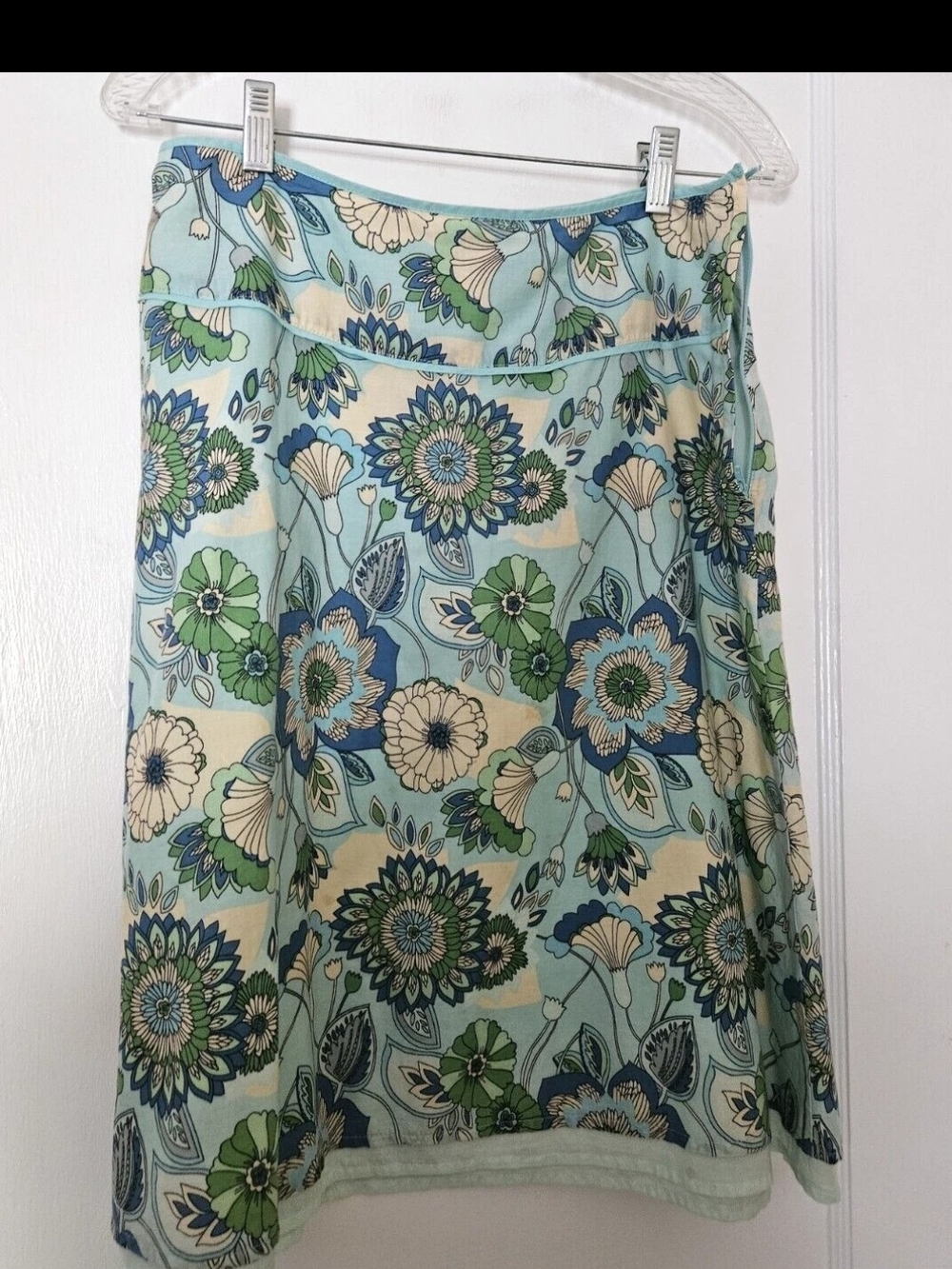 H&M Vintage Cotton Floral A-Line Skirt in Pastel Turquoise, Blue, Green, Cream S